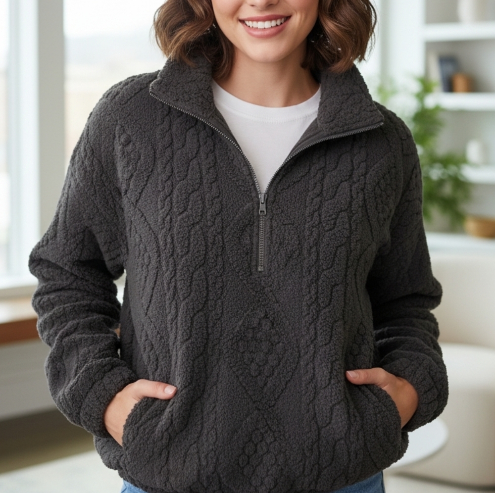 Gilly Hicks Abercrombie Cozy Sherpa Quarter-Zip Sweatshirt Black Women's size XL